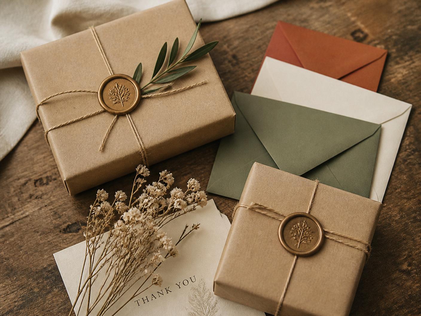 Presentes embrulhados em papel kraft com selos de cera, envelopes em terracota, creme e verde oliva